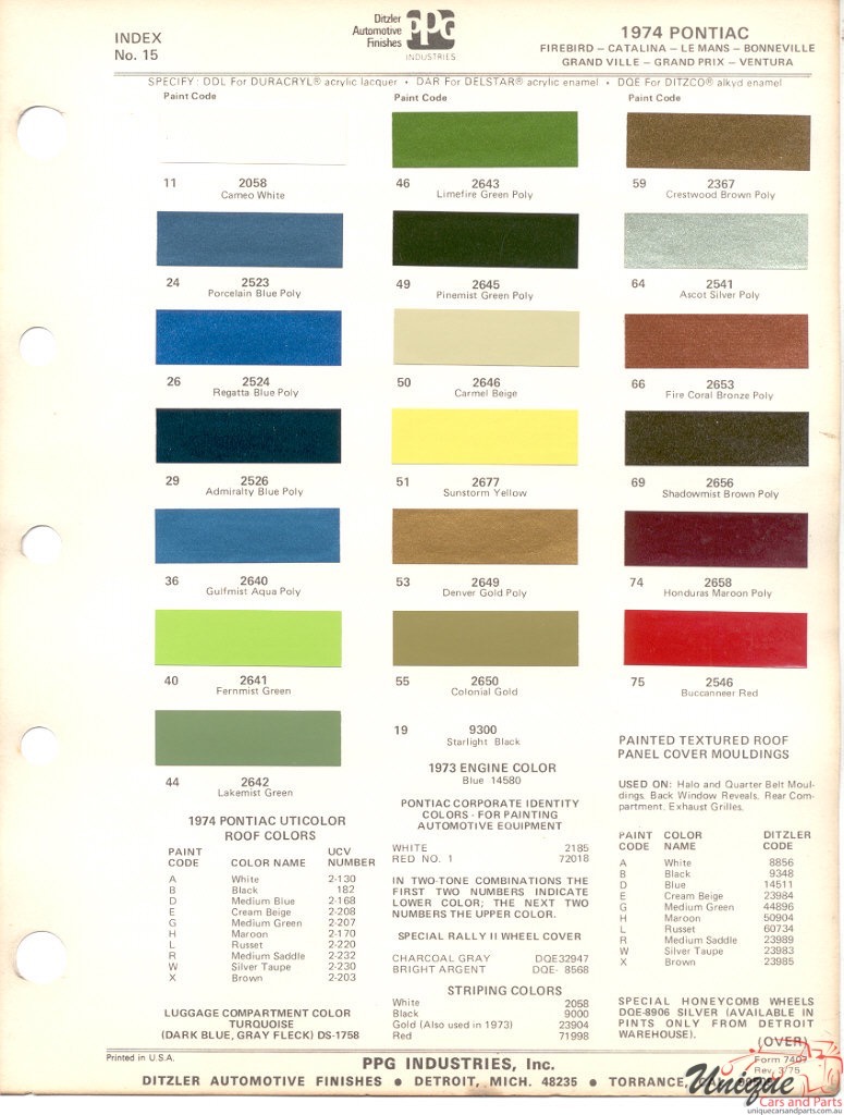 1974 Pontiac Paint Charts PPG 1